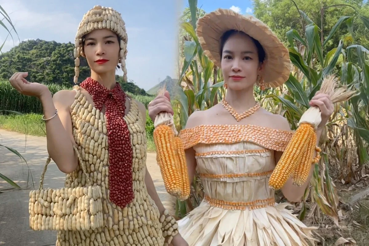 China Woman Turns Farmland Into a Fashion Runway With Dresses Made From Peanut Shells and Corn Kernels